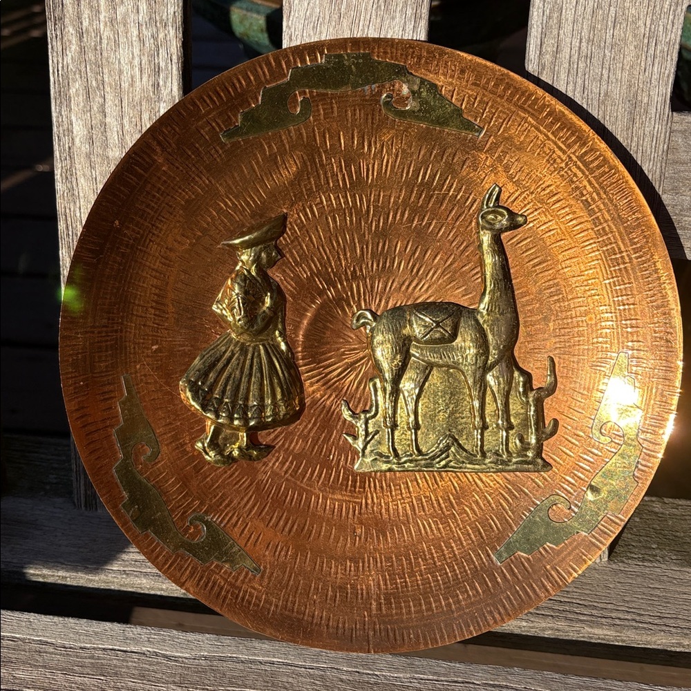 Vintage Peruvian Decorative Copper and Brass Wall Plate Llama and Mama